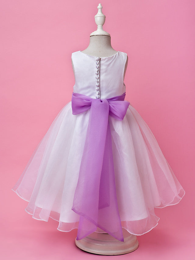 A-Line Satin Sleeveless Jewel Flower Girl Dress with Buttons