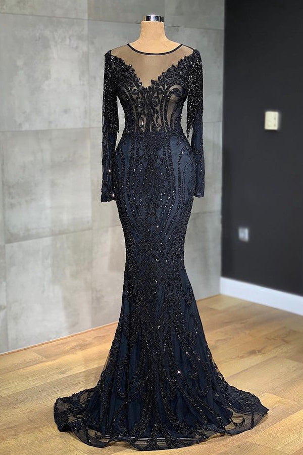 Gorgeous Black Mermaid Evening Dress with Long Sleeves and Appliques