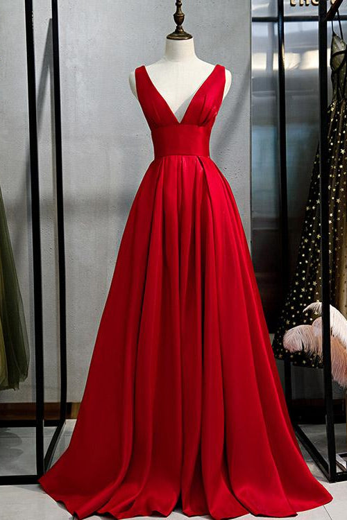 Elegant Red V-neck A-Line Prom Dress with Sleeveless - Shop Online