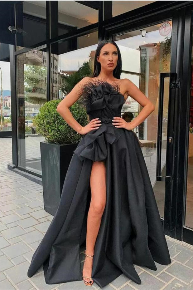 Look Stunning in a Long Black Prom Dress Split with Feathers