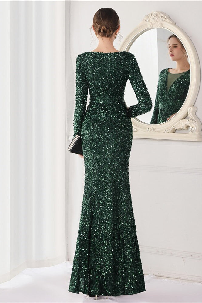 Dark Green Long Sleeves Evening Dress with Sequins and V-Neck Front Split