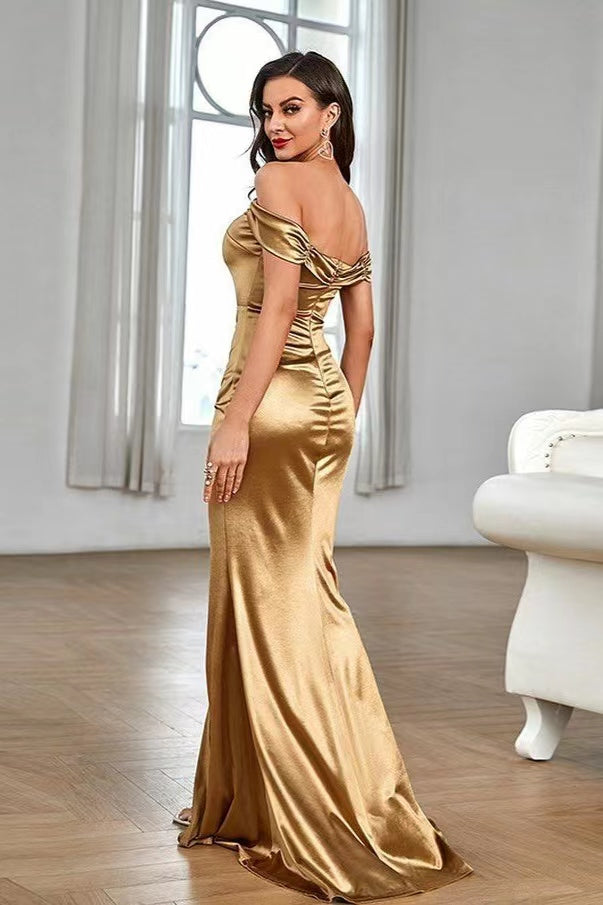 Gorgeous Off-The-Shoulder Split Mermaid Prom Dress With Pleats