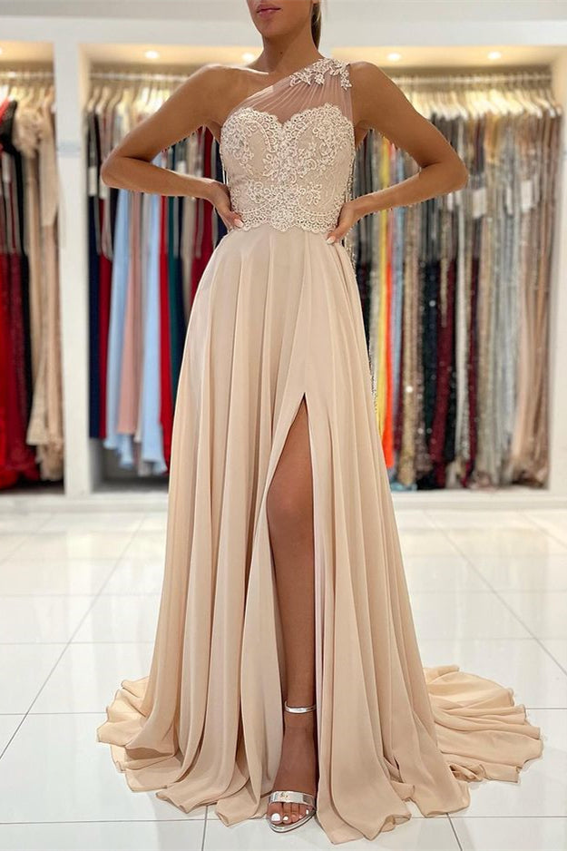 Glamorous One Shoulder Lace Appliques Prom Dress with Front Split