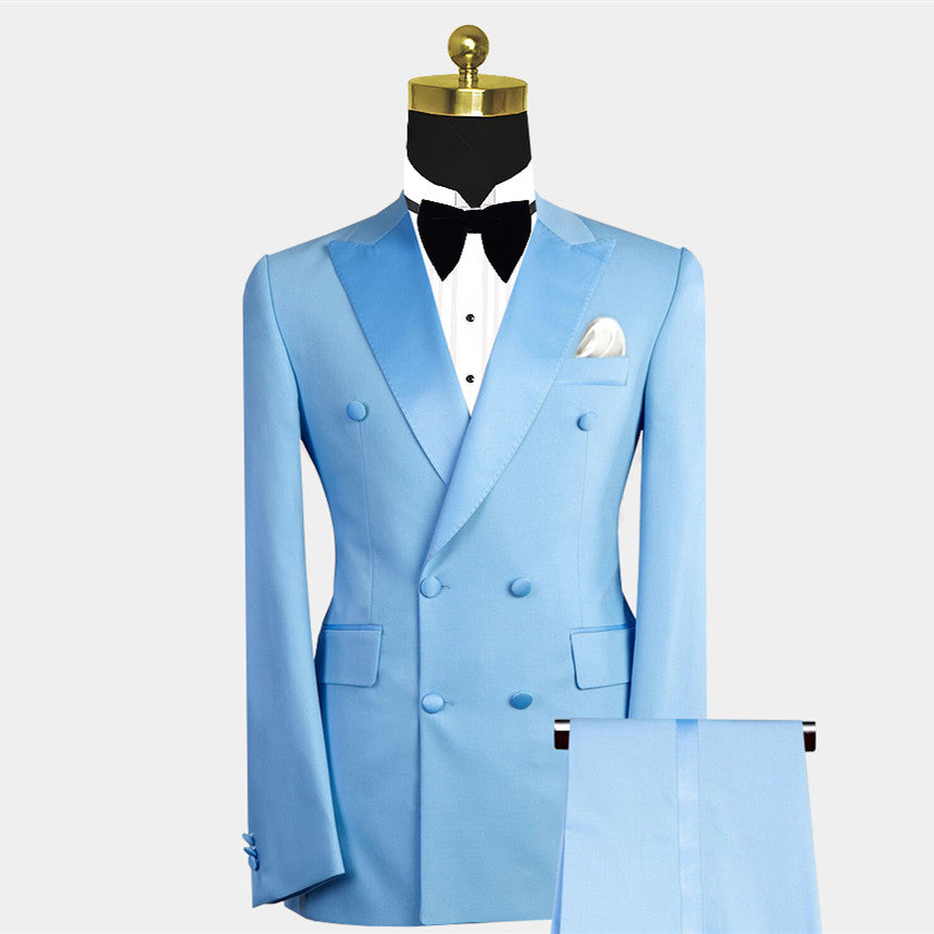 Blue Peaked Lapel Double-Breasted Wedding Suit For Men