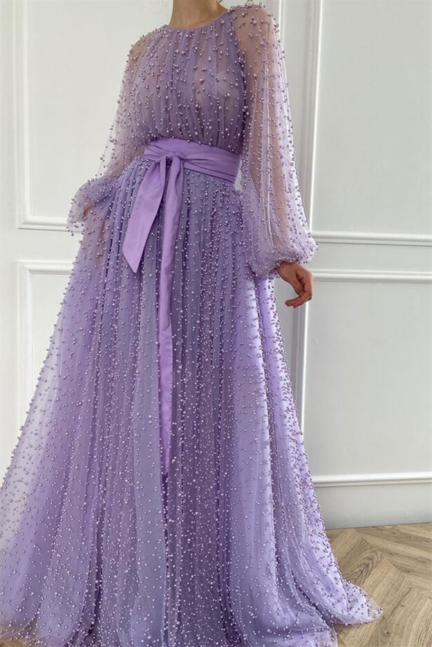 Mermaid Beadings Jewel Evening Dress With Belt and Pearls - Lilac