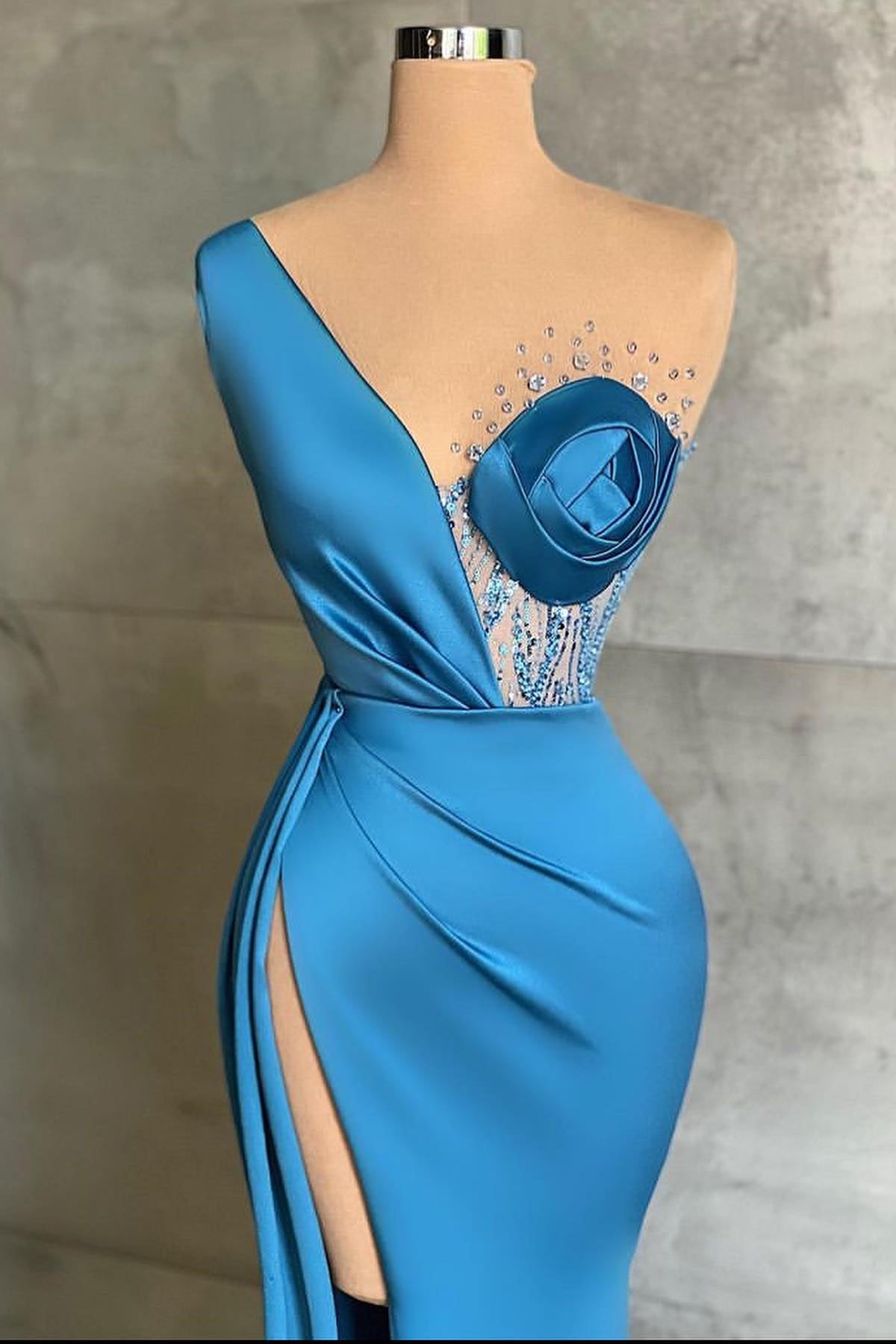 Ocean Blue Mermaid Prom Dress with Slit for One Shoulder Style