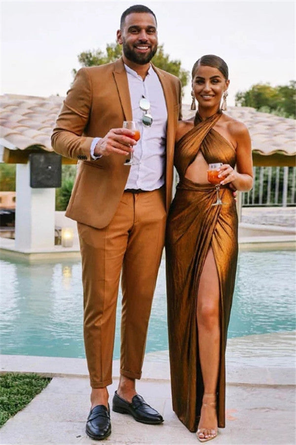 Elegant Brown Reception Suit for Groom With Peaked Lapel and One Button