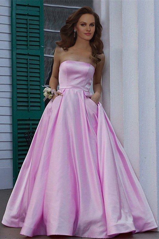 Burgundy Strapless Prom Dress With Pockets