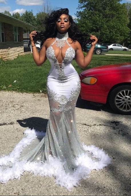 Halter Neck Mermaid Prom Dress with Appliques and Feathers