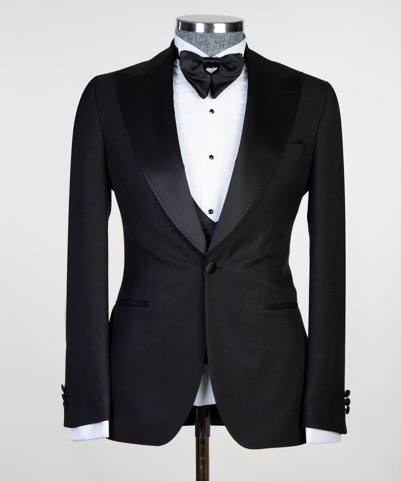 Black Three Pieces Suits With Satin Peaked Lapel - Edmund Hot Sale