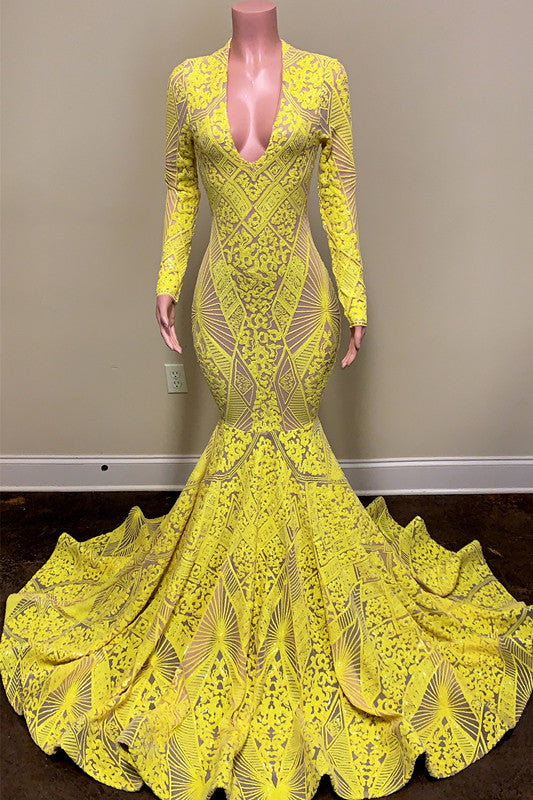 Bright Yellow Long Sleeves Mermaid Prom Dress