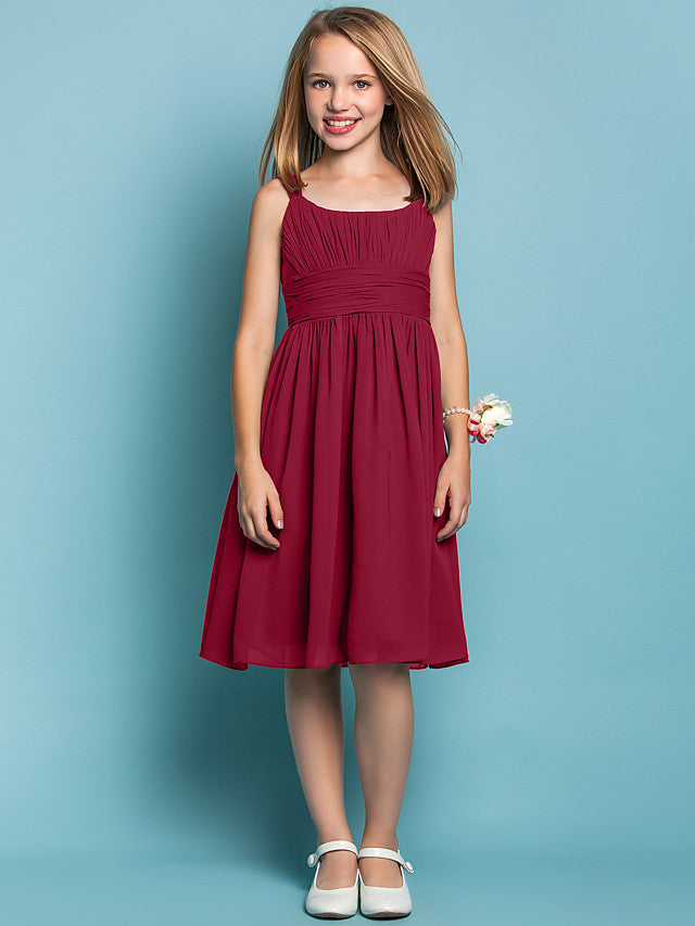 Elegant Knee-Length Chiffon Flower Girl Dress with Sheath Column Straps and Ruched Draping