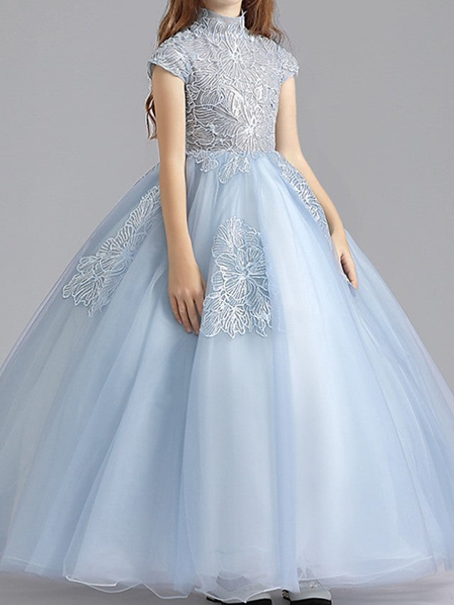 Short Sleeve High Neck Ball Gown with Ruching for Flower Girls