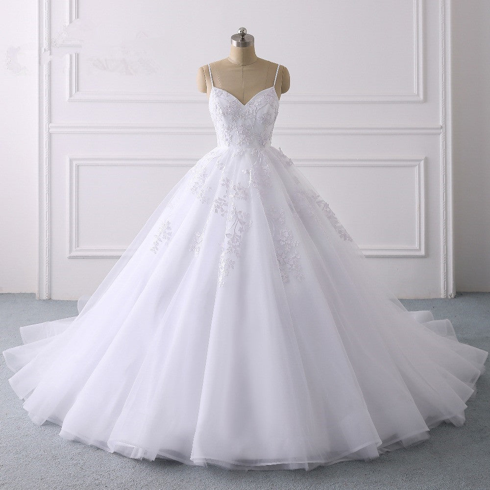 Glamorous Spaghetti-Straps V-Neck Tulle Wedding Dress with Appliques Lace