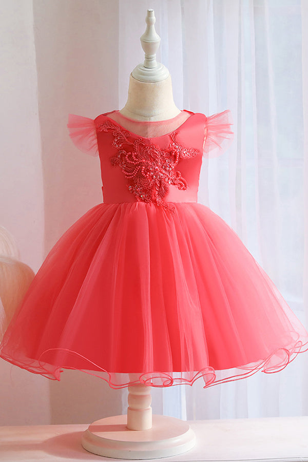 Pink Floral Jewel Ball Gown for Flower Girls with Appliques