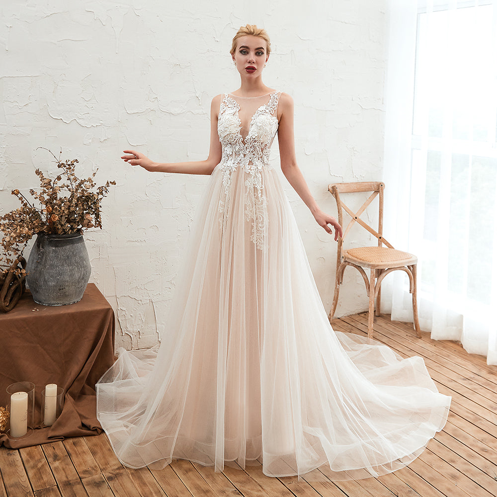 Delicate A-line Tulle Wedding Dress With Floral Lace and Bateau Open Back