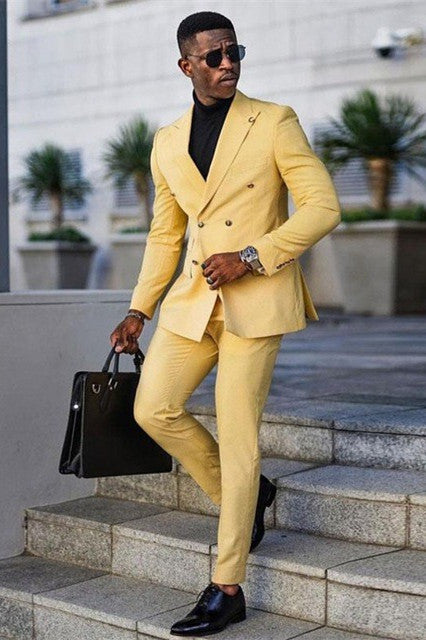 Glamorous Yellow Double Breasted Business Suit with Peaked Lapel