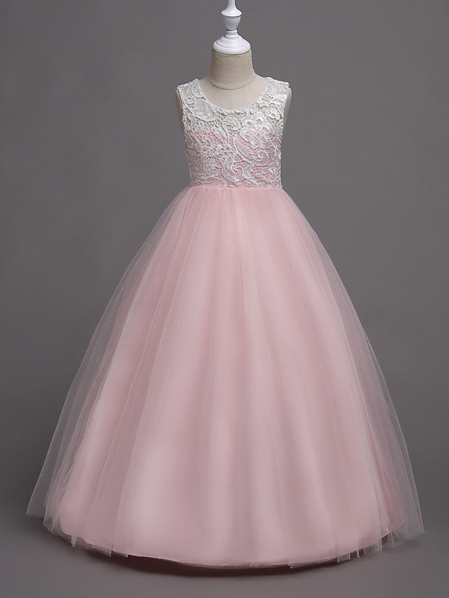 Elegant Lace Satin Tulle Long Length Sleeveless Jewel Neck Flower Girl Dress