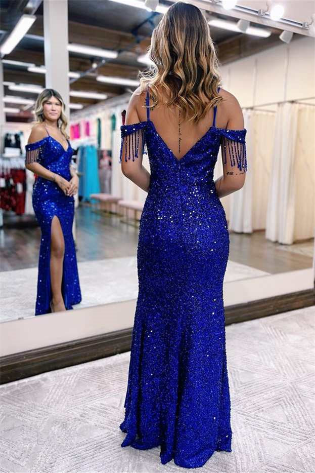 Sequin Mermaid Slit Evening Dress with Spaghetti-Strap Online Blue