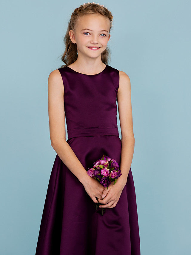 A-Line Jewel Neck Floor Length Satin Junior Flower Girl Dress with Sash for Weddings & Parties