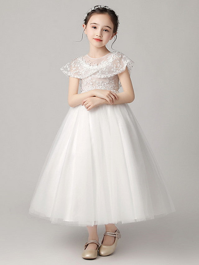 Short Sleeve Jewel Neck Flower Girl Dress With Lace