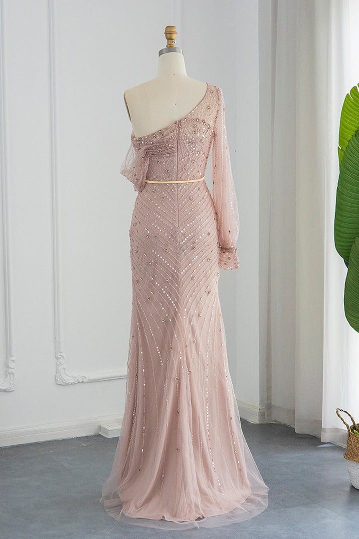 Pink Mermaid Evening Dress With Appliques & Seqiuns Side Split