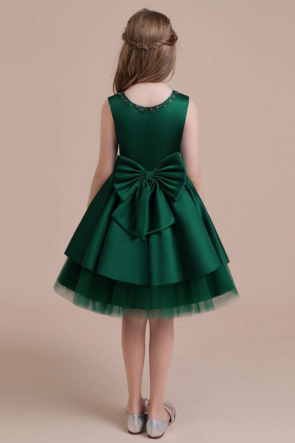 A-line Flower Girl Dress with Bow Beading and Satin Tulle