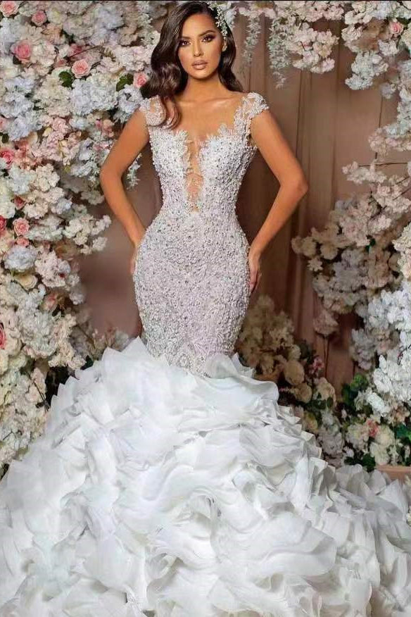 Glamorous Mermaid Lace Appliques Wedding Dress with Cap Sleeves & Ruffle