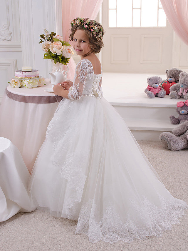 Ivory Scoop Ball Gown Flower Girl Dresses with Lace and Crystal