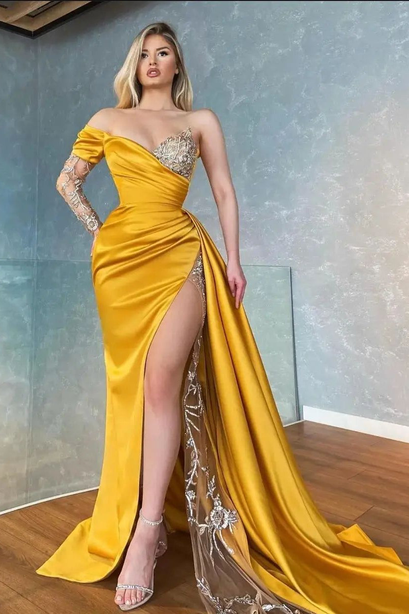 Gorgeous Yellow Sweetheart Long Sleeve Split Mermaid Appliques Prom Dress