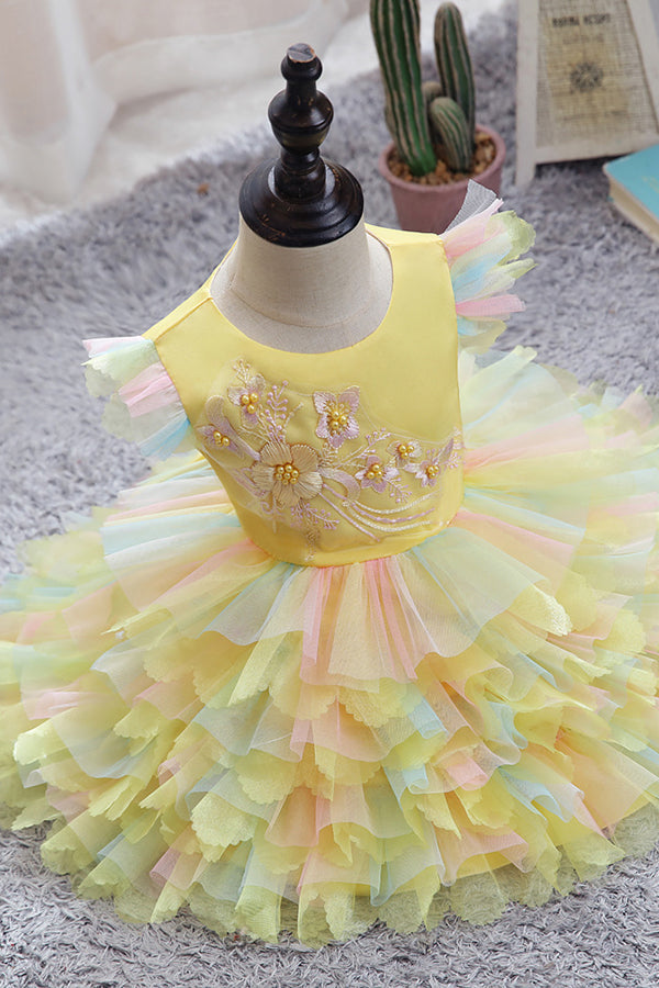 Yellow Tulle Ruffles Flower Girl Dress for Weddings with Appliques