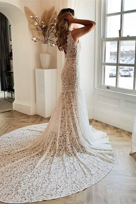 V Neck Mermaid Lace Wedding Dress with Chapel Train