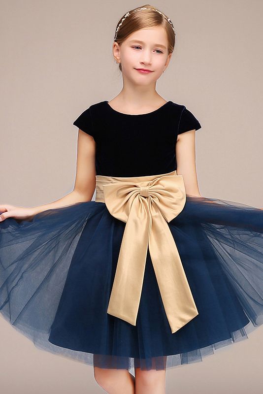 Cap Sleeve Jewel Polyester Flower Girl Dress with Tulle Bow