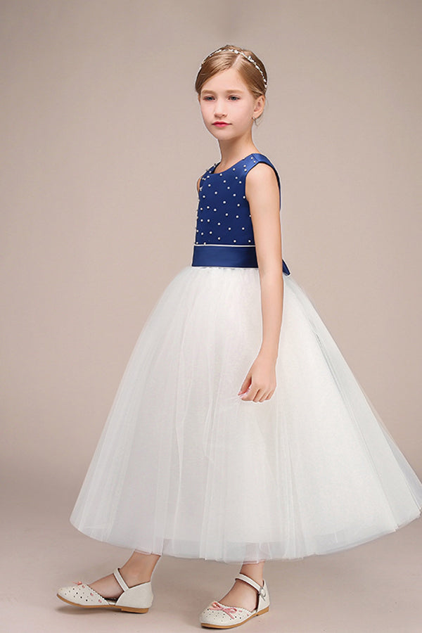 Jewel Sleeveless Tulle Flower Girl Dress with Beads Bowknot