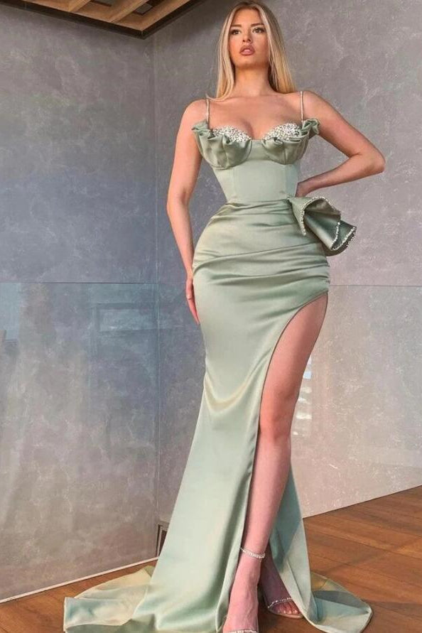 Dusty Sage Spaghetti-Strap Mermaid Prom Dress with Beading and Ruffles