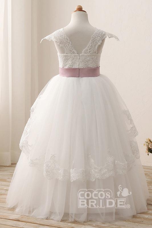 White Square Neck Lace Flower Girls Dress with Cap Sleeves Ball Gown