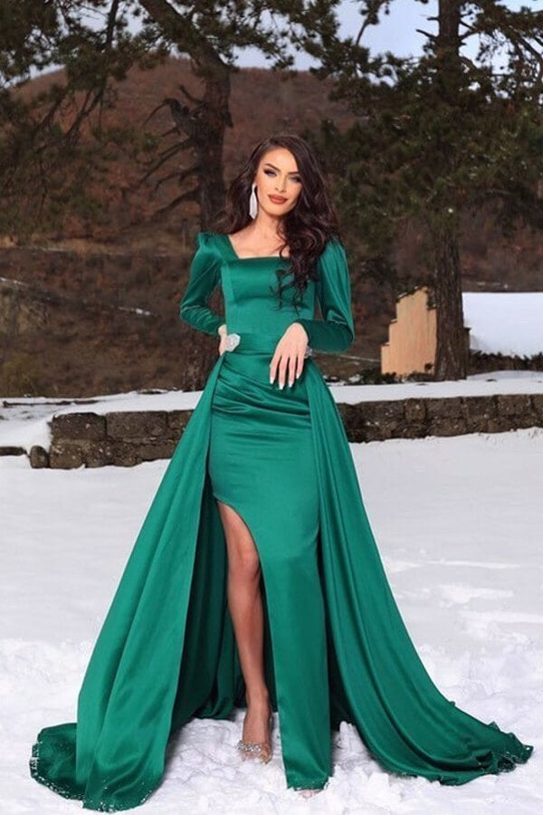Dark Green Long Sleeves Mermaid Slit Prom Dress with Detachable Skirt