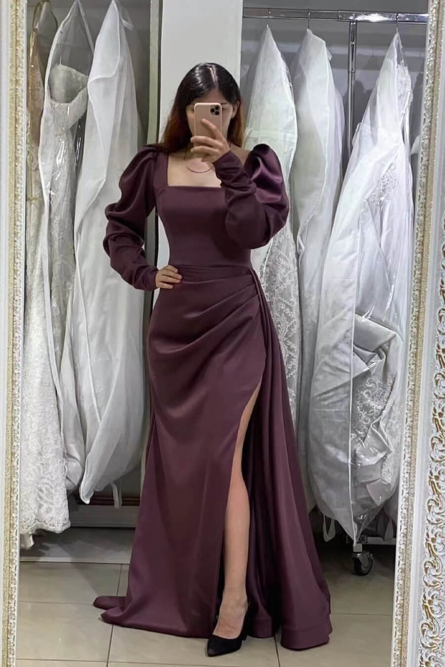 Long Mermaid Puff Sleeves Prom Dress with Split