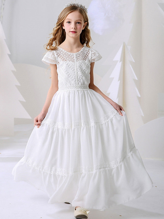 Short Sleeve Jewel A-Line Floor Length Flower Girl Dresses with Pleats