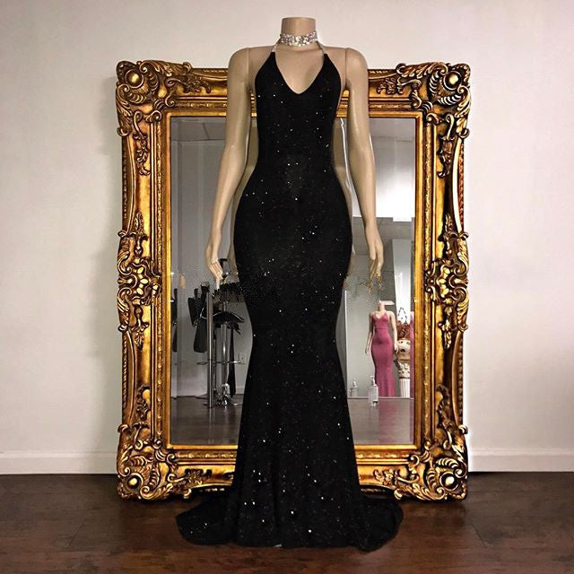 Elegant V-Neck Halter Mermaid Evening Dress with Sequins