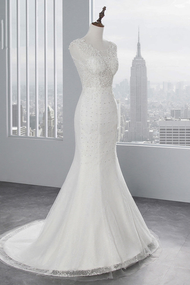 Glamorous Jewel Tulle Long Mermaid Wedding Dress With Appliques Lace