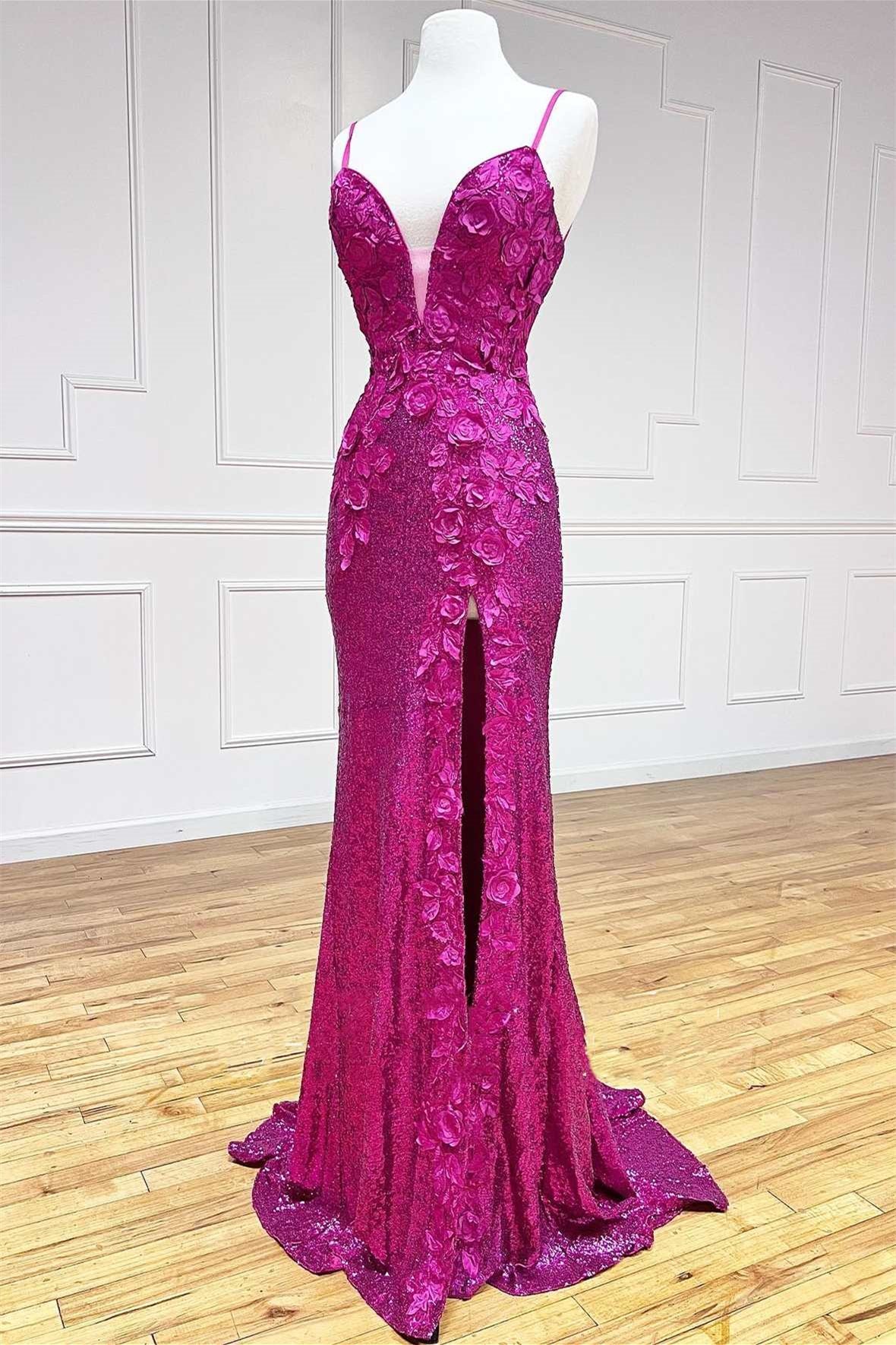 Glamorous Mermaid Prom Dress with Spaghetti-Straps and Appliques Split