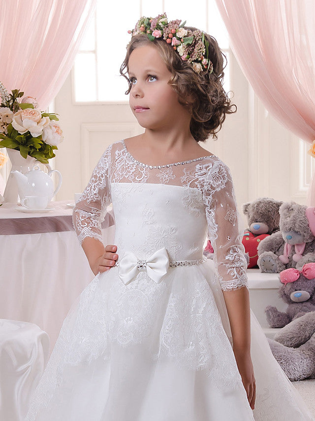 Ivory Scoop Ball Gown Flower Girl Dresses with Lace and Crystal