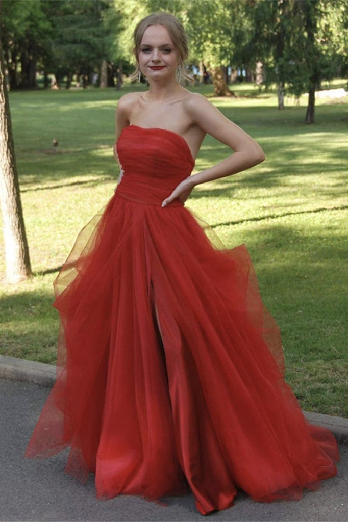 Strapless Split Tulle Long Prom Dress