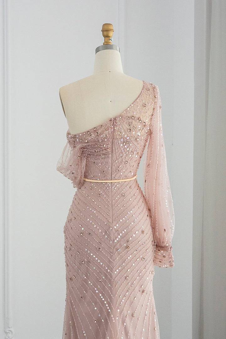 Pink Mermaid Evening Dress With Appliques & Seqiuns Side Split