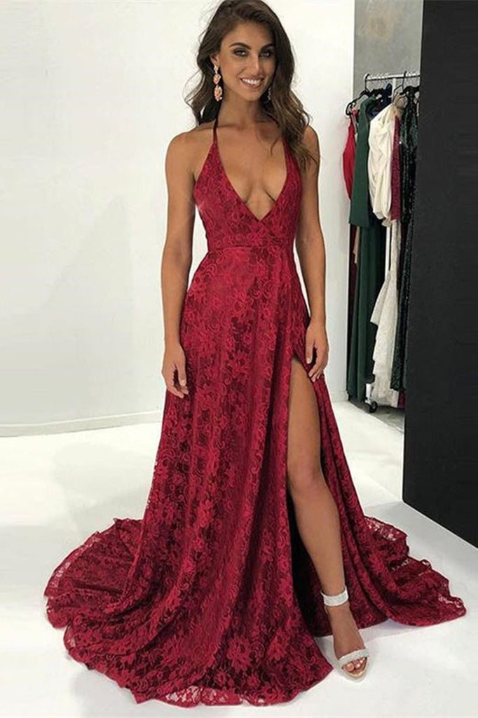 Modern Burgundy V-Neck Lace Prom Dress