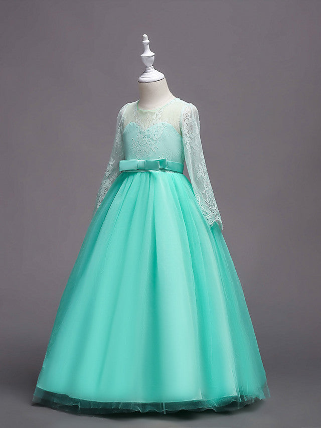 Long Sleeve Jewel Neck Lace Satin Tulle Flower Girl Dress with Lace Belt