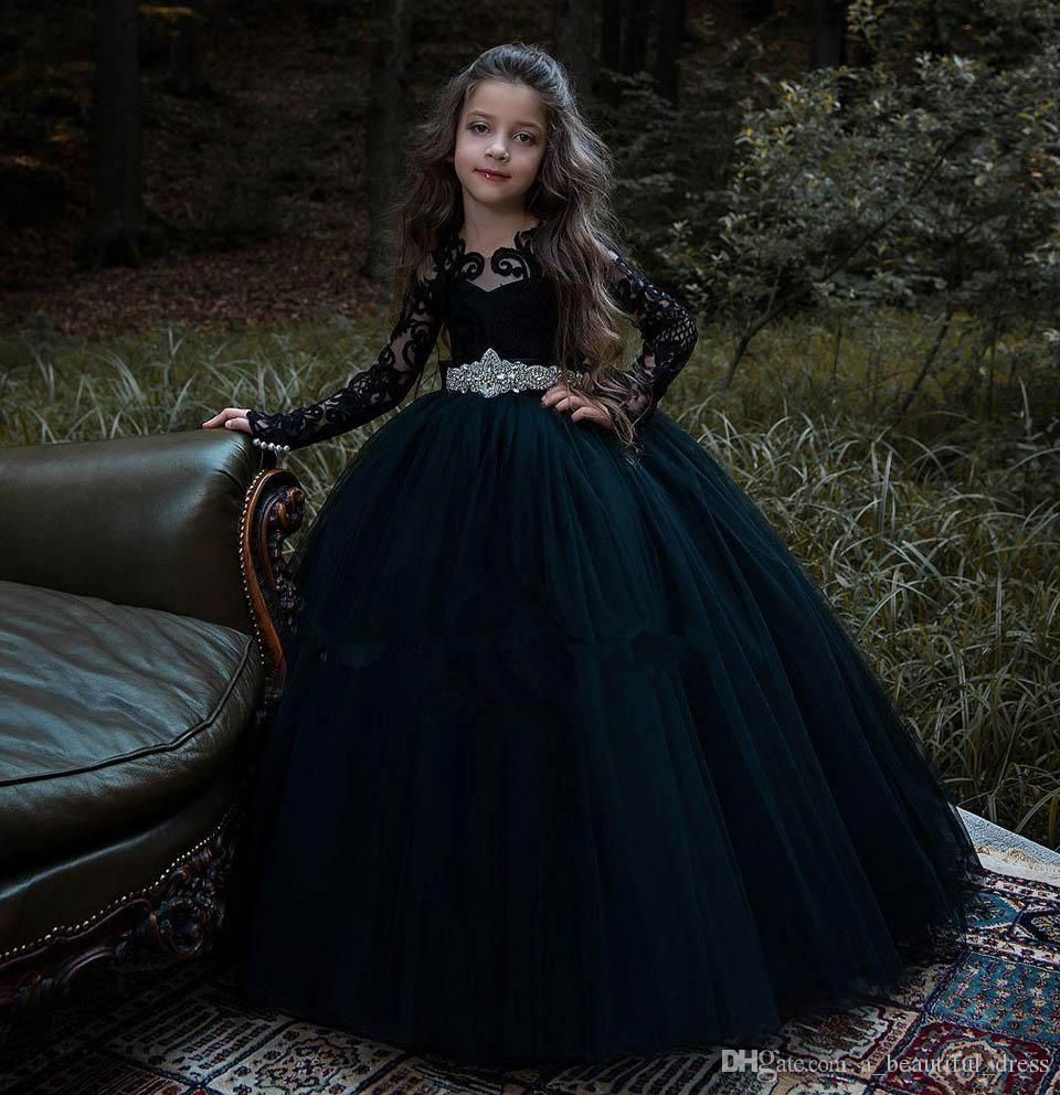 Beautiful Black Long Sleeve Flower Girl Dress with Tulle Appliques Lace & Pearls