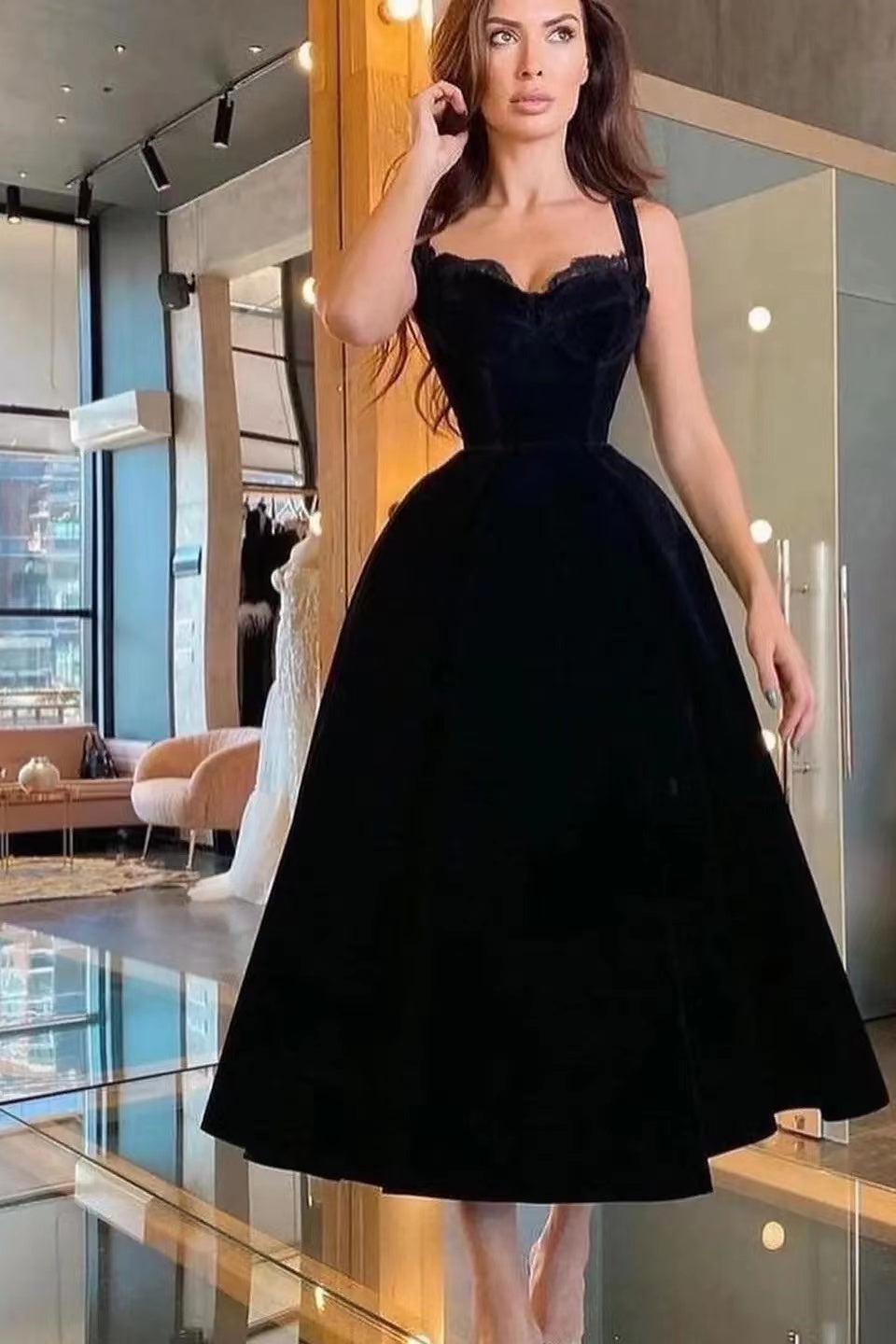 Black Sweetheart Prom Dress with Lace Spaghetti-Strap