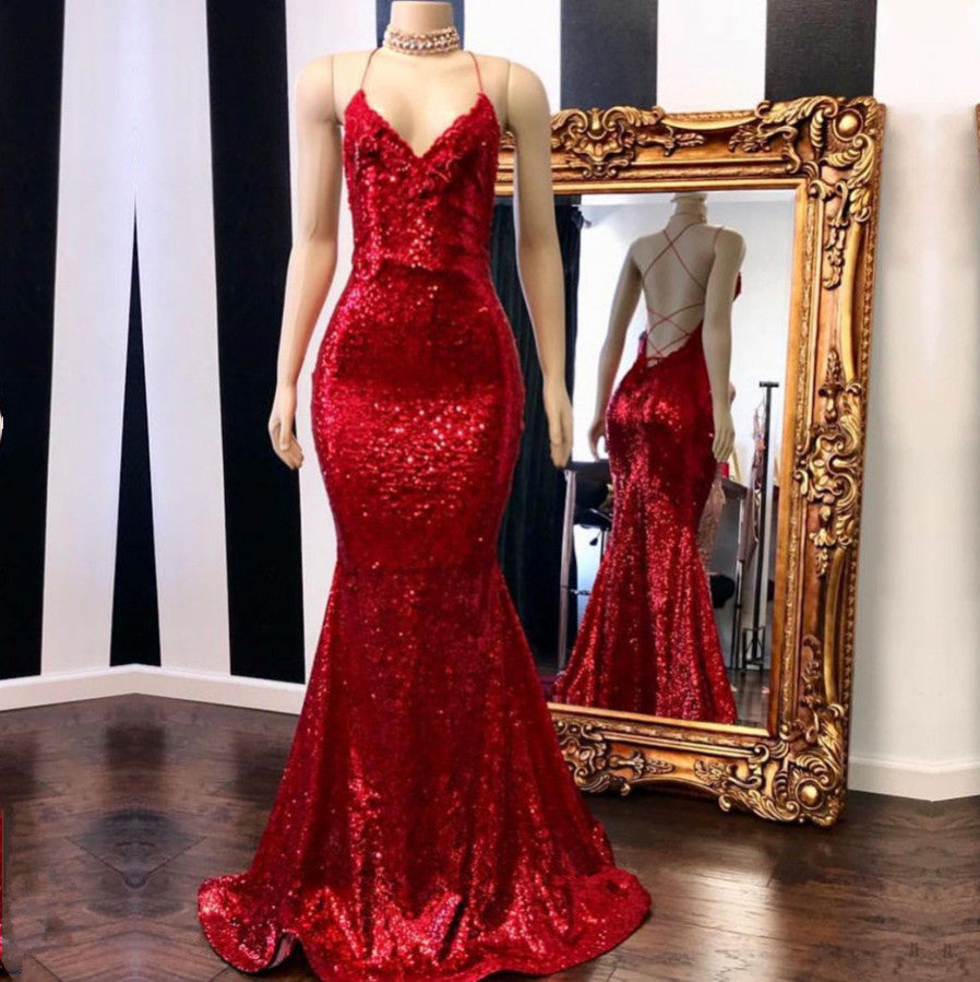 Mermaid Red Long Prom Dress with Sequins and Spaghetti Straps